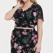 NWT Torrid Chiffon Black Floral Crop Blouse Smocked Back Women’s Size 3 Plus 3X