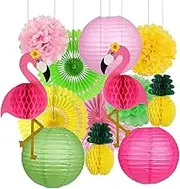 Flamingo Party Supplies, Hawaiian Party Decorations Flamingo and Pineapple Honeycomb Ball Paper Lanterns Paper Fans Pom poms Flowers for Birthday Luau Tropical Bachelorette Party