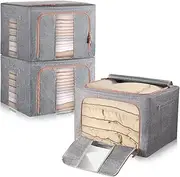 Clothes Storage Bag, Stackable Metal Frame High Density Fiberboard Bottom Cotton Linen Protect from Moisture Dust Sturdy Handle Double Opening Zipper Perfect for Clothing (Set of 3) (66L)