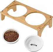 Elevated Dog Bowls, Tilted Ceramic Pet Water Bowl with Wooden Base, 12.6x6.3x3.5 inches Adorable Non-Slip Whisker-Friendly Feeding Station for Small Medium Large Dogs Cats