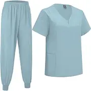 [ThreeH] Scrub for Women Classic V-Neck Top with 3 Pockets and Drawstring Jogger Pants Top 2 Piece Set Medical Nursing