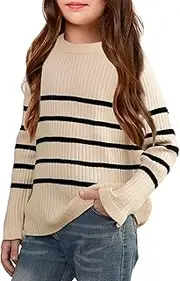 [OEBLD] Girl's Striped Knit Oversized Fall Sweaters Fashion Long Sleeve Crewneck Pullover Sweater Trendy Outfits