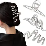 3 Pack Hair Claw Clips for Thick Long Hair, Silver Metal Wave Cross with Peal Big Jaw Clamps Hair Accessories for Women, Fashion Elegant Aesthetics Variety Hairgrip Styling Tools