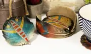 Rustic Western Indian Turquoise Eagle Feather Coaster Holder W/ 4 Round Coasters