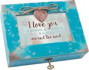 I Love You a Bushel and a Peck Teal Wood Locket Jewelry Music Box Plays Tune You