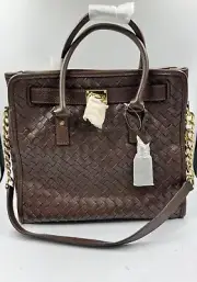 MICHAEL KORS HAMILTON LARGE HAMILTON WOVEN LEATHER LUGGAGE BROWN TOTE BAG NWT