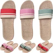 [Bunnycool] 3 Pairs Linen House Slippers for Women Skidproof Open Toe Flax Tatami Slippers for Home Bedroom Hotel Travel Airplane Spa, Red, Green, Rose Red, 7.5-8.5 Women/7.5-8.5 Men
