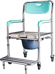 3 in 1 Shower Commode Wheelchair, Transport Bedside Commode with Wheels, Wheelchair Height and Pedal Adjustable-Lake Blue