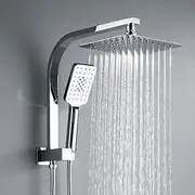 Decaura Twin Shower Head Rail Set Square Gooseneck Shower Arm 8" Rain Shower Head 3-Mode Handheld Brass 2 in 1 Diverter(Chrome)
