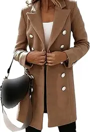 [Generic] Women Double Breasted Mid-Long Trench Coat Long Coat Notch Lapel Jacket Outwear Solid Color Thicken Warm Wool Blend Coat
