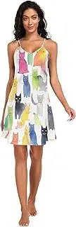 [RPLIFE] Women's Satin Nightgown with Many Cats with Adjustable Spaghetti Strap V Neck Nightgown for Women