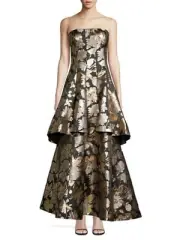 AIDAN MATTOX FLORAL GOWN/EVNING DRESS GODET STRAPLESS METALLIC JACQUARD SIZE 4
