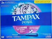 Tampax Pearl Tampons Ultra Absorbency with Leakguard Braid, Unscented, 32Count