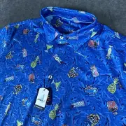 Johnnie O Polo Shirt Mens L Blue Prep formance Sun Protection UPF 50 Tiki AOP