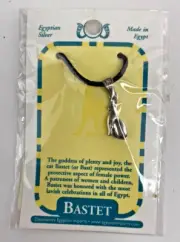 Bastet Cat Goddess Silver Charm w/ Cord Necklace - Discoveries Egyptian Imports