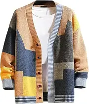 [Generic] Men's Color Block Buttons Sweaters V Neck Color Block Cardigan for Men Male V Neck Knitted Cardigan