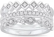 [Lexi and Rose] 925 Sterling Silver Round Cubic Zirconia Half-Eternity, Milgrain Pear and Geometric Square Stacking Bands - 3-Ring Set