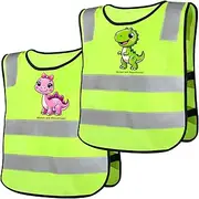 NIEEKRUN Set of 2 Children's High Visibility Vest, Reflective Vest with Cute Dino Design for Boys and Girls, 360° Visibility Safety Vest Children, Ideal for School and Sports