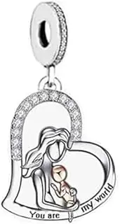 [Mon & Sons] Your Are My World Love Heart Mother Daughter Son Charm Bead Pendant 925 Sterling Silver Dangle Compatible With Pandora Charm Bracelet, Metal