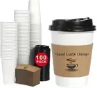 100 Pack 12 Oz Disposable Coffee Cups with Lids and Sleeves, to Go Coffee Cups