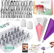 RFAQK 74PCs Cake Decorating Kit for Beginners,Icing Bags and Tips Set,Cupcake Frosting Piping Decorations,48 Icing Tips,20 Disposable Bags,1 Reusable Bag,Purple