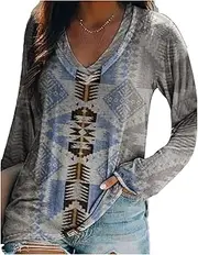 Neoucdy Womens Tops Plus Size Long Sleeve Shirts for Women V Neck Vintage Graphic Color Block Tops T-Shirts Sexy Tunic Tops