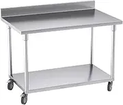 SOGA 120cm Commercial Catering Kitchen Stainless Steel Prep Work Bench Table with Backsplash and Caster Wheels