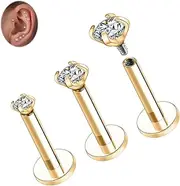 [hengkaixuan] G23 Titanium Labret Studs Lobe Earrings Lip Piercings Cartilage Earrings Helix Studs Internally Threaded Monroe Medusa Ring 18G 16G Tragus Conch Studs with CZ for Women Men 3 PCS