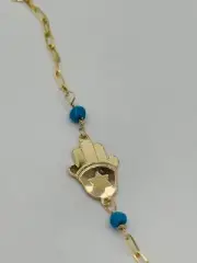 BRACELET EVIL EYE HAMSA STAR OF DAVID 14K YELLOW GOLD & TURQUOISE PAPERCLIP 7"