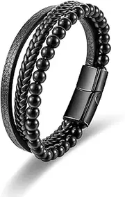 [Lian] Leather Bead Bracelet for Men Braided Bracelets Natural Onyx Bead Magnetic Stainless Steel Clasp Cuff Bangle Wristband Bracelet Gifts for Graduation Fathers Day Boyfriend Birthday Christmas