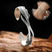 Retro 925 Sterling Silver Feather Cuff Bangle Vintage Bracelet Leaf Women Gift:)