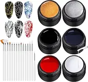 6 Colors Spider Gel, Matrix Gel with Gel Paint Design Nail Art Kit Wire Drawing Nail Gel for Line, Soak Off UV LED DIY Manicure Nail Art Decoration With 15 Nail Art Brushes