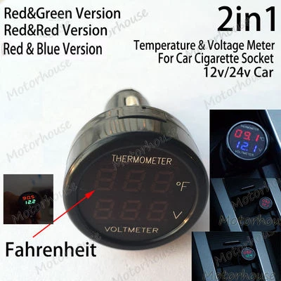 2in1 12V 24V Digital LED Voltmeter Thermometer Fahrenheit Car Cigarette Lighter