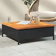 Garden Table Black Rattan Acacia Wood, Outdoor, Foldable, Patio, Height, Small - 70x70x25 cm