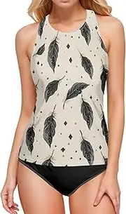 [AIXIWAWA] Women's Tankini Tops-Pattern Black Feather, Swimsuit Top for Beach Pool Vacation S