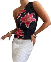 [Amiblvowa] Y2K Spaghetti Strap Crop Top Vintage Floral Aesthetic Cami Tank Tops Teen Cute Summer Trendy Scoop Neck Going Out Tops