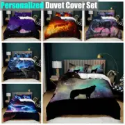 Blue Purple Galaxy Wolf Howling Mountain Wolves Doona Duvet Quilt Cover Bed Set
