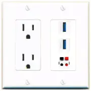 3 Port Power Outlet Cover Plug Jack UL 2 Gang SPEAKER 2 USB-3 Wall Plate