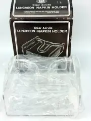 New Clear Acrylic Lucite Large Luncheon Napkin Holder Vintage 1983 Original Box