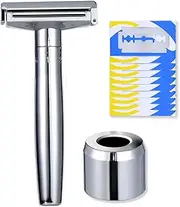 Double Blade Safety Razor Adjustable Razors Single Blade Razor includes 10 Razor Blades and 1Razor Stand Durable,Suitable for Both Men and Women (silvery)
