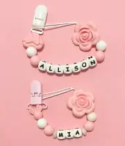 Personalised Baby Dummy Soother Pacifier Wooden Clip Holder Strap Chain Gift