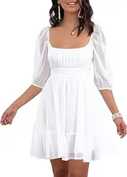 [Oustdoze] Women's Tie Back Half Lantern Sleeve Dress Ruffle Square Neck Casual A Line Swing Mini Dresses