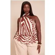 Plus Zebra Sheer One Shoulder Flowy Ruched Long Top, Zebra