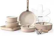 SENSARTE 17 Piece Ceramic Pots and Pans Set, Nonstick Detachable Handle Cookware, Induction Kitchen Cookware Set with Removable Handle, Dishwasher ＆ Oven Safe, (Almond Beige)