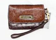 CYNTHIA ROWLEY Ostrich Embossed Leather Pony Hair Zebra Wristlet Brown Gold