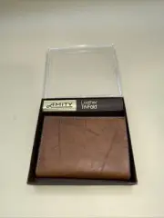 Vintage Amity Billfold Tri-Fold Brown Leather Wallet W/ Original Box