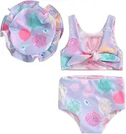 [Gueuusu] Toddler Girls Swimsuit Shell Print Reversible Bathing Suit Crop Top High Waisted Shorts Bikini Set with Sun Hat