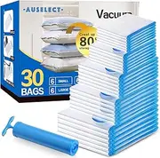 AUSELECT Vacuum Storage Bags - 30Pack Sealer Bags for Clothes Storage, Compression Space Saver with 6 Jumbo/6 Large/6 Medium/6 Small/6 Roll, Reusable Seal Bag with Hand Pump for Bedding, Pillows