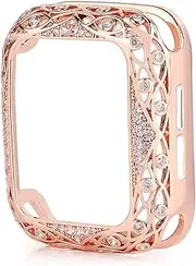 RUBUTZLGV Carved Copper Women Bumper Compatible with Apple Watch Case 45/44mm 41/42mm Diamond Bling Metal Cover Compatible with IWatch Series SE7/6/5/4/3/2 Watch case(OneColor,45mm)