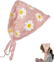 [Generic] Triangle Headscarf - Knitted Headbands Handmade Wool Bandana | Boho Heads Scarves Non-Slip Headwear Crochet Floral Pattern Knitted Hair Covers Accessories for Women Girls